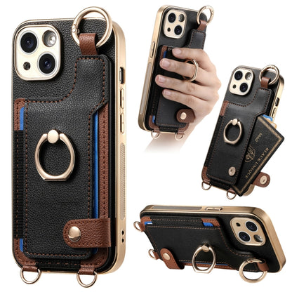 For iPhone 14 Fashion Ring Card Bag Phone Case with Hang Loop(Black) - iPhone 14 Cases by buy2fix | Online Shopping UK | buy2fix