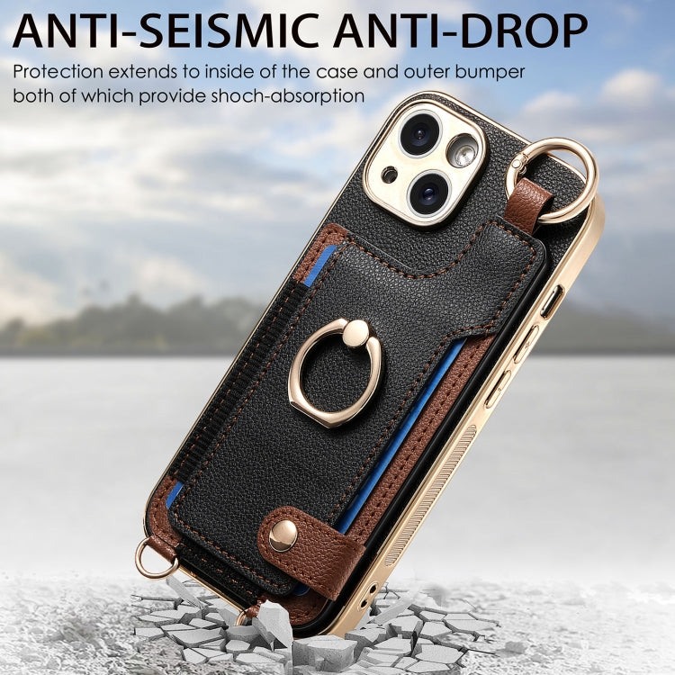 For iPhone 14 Fashion Ring Card Bag Phone Case with Hang Loop(Black) - iPhone 14 Cases by buy2fix | Online Shopping UK | buy2fix