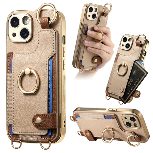 For iPhone 14 Fashion Ring Card Bag Phone Case with Hang Loop(Khaki) - iPhone 14 Cases by buy2fix | Online Shopping UK | buy2fix