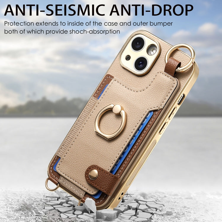For iPhone 14 Fashion Ring Card Bag Phone Case with Hang Loop(Khaki) - iPhone 14 Cases by buy2fix | Online Shopping UK | buy2fix