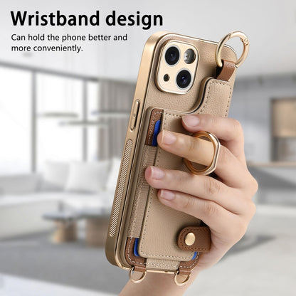 For iPhone 14 Fashion Ring Card Bag Phone Case with Hang Loop(Khaki) - iPhone 14 Cases by buy2fix | Online Shopping UK | buy2fix