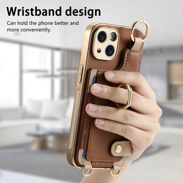 For iPhone 14 Pro Fashion Ring Card Bag Phone Case with Hang Loop(Brown) - iPhone 14 Pro Cases by buy2fix | Online Shopping UK | buy2fix