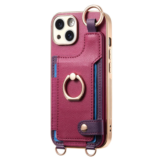 For iPhone 13 Fashion Ring Card Bag Phone Case with Hang Loop(Purple) - iPhone 13 Cases by buy2fix | Online Shopping UK | buy2fix