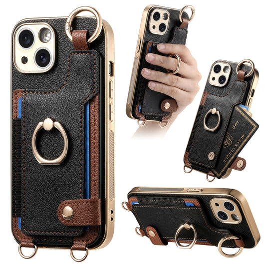 For iPhone 13 Fashion Ring Card Bag Phone Case with Hang Loop(Black) - iPhone 13 Cases by buy2fix | Online Shopping UK | buy2fix