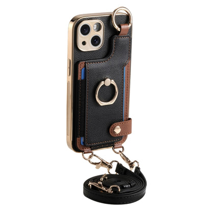 For iPhone 13 Fashion Ring Card Bag Phone Case with Hang Loop(Black) - iPhone 13 Cases by buy2fix | Online Shopping UK | buy2fix