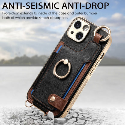 For iPhone 13 Fashion Ring Card Bag Phone Case with Hang Loop(Black) - iPhone 13 Cases by buy2fix | Online Shopping UK | buy2fix