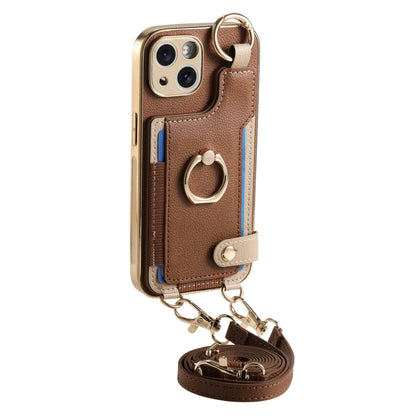 For iPhone 13 Fashion Ring Card Bag Phone Case with Hang Loop(Brown) - iPhone 13 Cases by buy2fix | Online Shopping UK | buy2fix