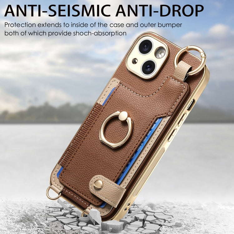 For iPhone 13 Fashion Ring Card Bag Phone Case with Hang Loop(Brown) - iPhone 13 Cases by buy2fix | Online Shopping UK | buy2fix