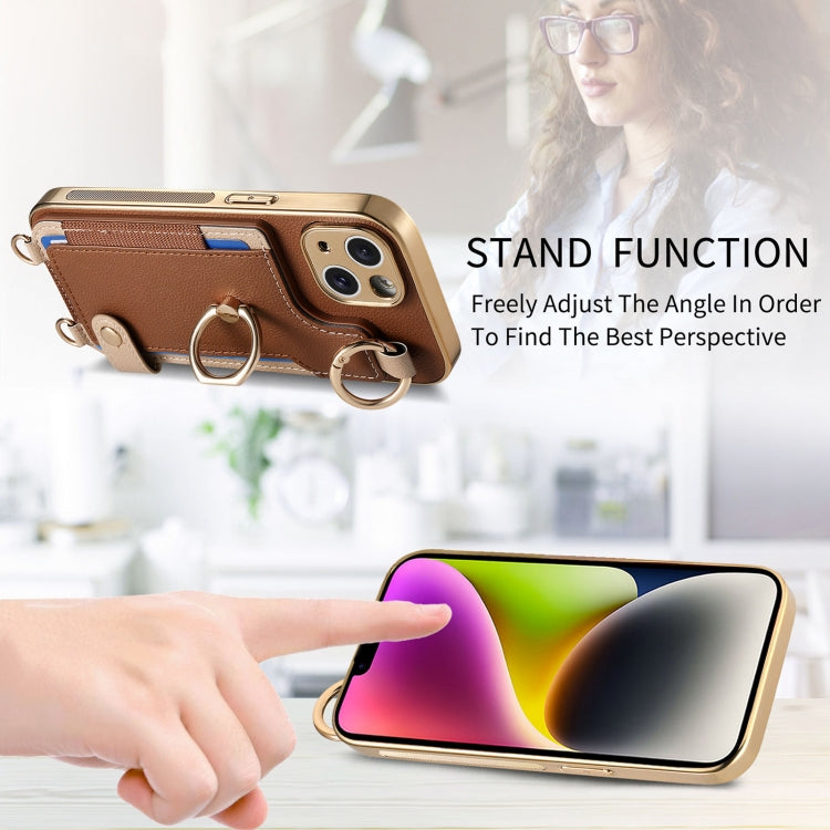 For iPhone 13 Fashion Ring Card Bag Phone Case with Hang Loop(Brown) - iPhone 13 Cases by buy2fix | Online Shopping UK | buy2fix