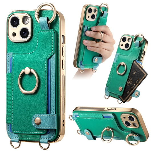 For iPhone 13 Fashion Ring Card Bag Phone Case with Hang Loop(Green) - iPhone 13 Cases by buy2fix | Online Shopping UK | buy2fix