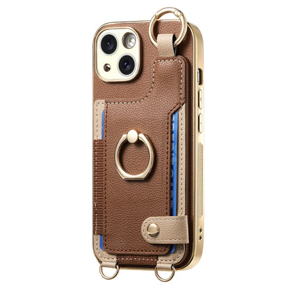 For iPhone 12 Pro Max Fashion Ring Card Bag Phone Case with Hang Loop(Brown) - iPhone 12 Pro Max Cases by buy2fix | Online Shopping UK | buy2fix