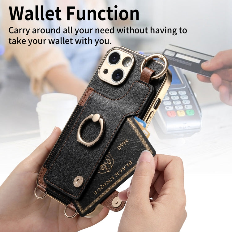 For iPhone 12 Pro Fashion Ring Card Bag Phone Case with Hang Loop(Black) - iPhone 12 / 12 Pro Cases by buy2fix | Online Shopping UK | buy2fix