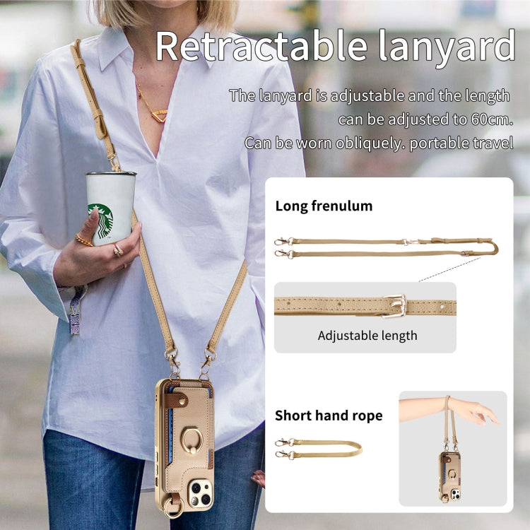 For iPhone 12 Pro Fashion Ring Card Bag Phone Case with Hang Loop(Khaki) - iPhone 12 / 12 Pro Cases by buy2fix | Online Shopping UK | buy2fix