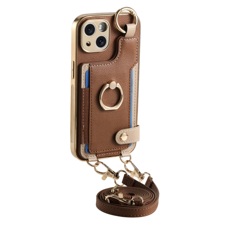 For iPhone 12 Pro Fashion Ring Card Bag Phone Case with Hang Loop(Brown) - iPhone 12 / 12 Pro Cases by buy2fix | Online Shopping UK | buy2fix