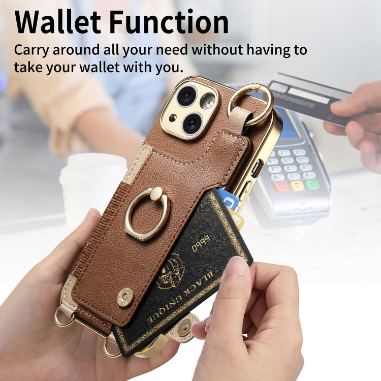 For iPhone 12 Pro Fashion Ring Card Bag Phone Case with Hang Loop(Brown) - iPhone 12 / 12 Pro Cases by buy2fix | Online Shopping UK | buy2fix