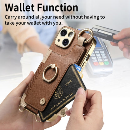 For iPhone 12 Pro Fashion Ring Card Bag Phone Case with Hang Loop(Brown) - iPhone 12 / 12 Pro Cases by buy2fix | Online Shopping UK | buy2fix