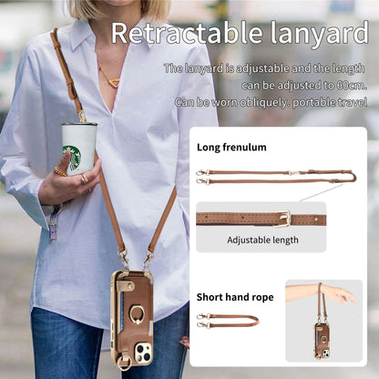 For iPhone 12 Pro Fashion Ring Card Bag Phone Case with Hang Loop(Brown) - iPhone 12 / 12 Pro Cases by buy2fix | Online Shopping UK | buy2fix