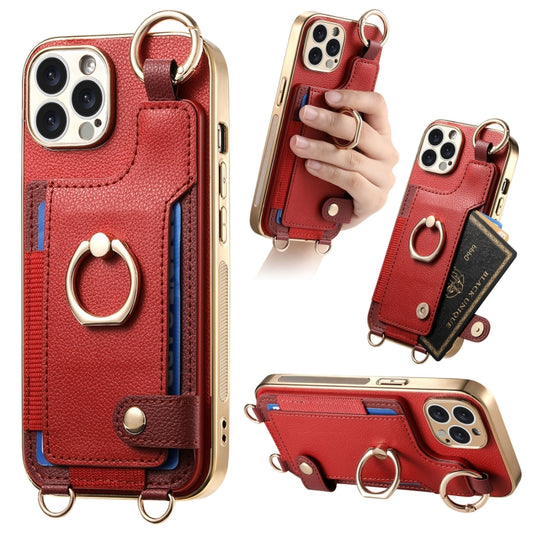 For iPhone 12 Pro Fashion Ring Card Bag Phone Case with Hang Loop(Red) - iPhone 12 / 12 Pro Cases by buy2fix | Online Shopping UK | buy2fix