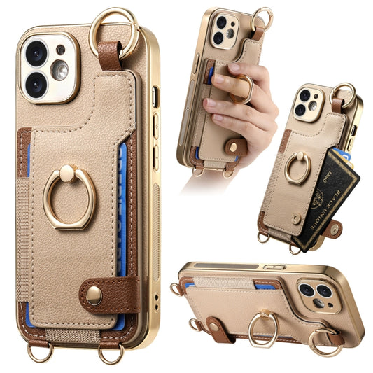 For iPhone 11 Fashion Ring Card Bag Phone Case with Hang Loop(Khaki) - iPhone 11 Cases by buy2fix | Online Shopping UK | buy2fix