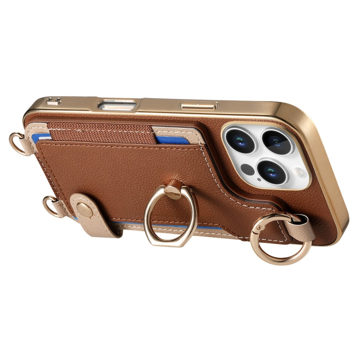 For iPhone 16 Pro Fashion Ring Card Bag Phone Case with Hang Loop(Brown) by buy2fix
