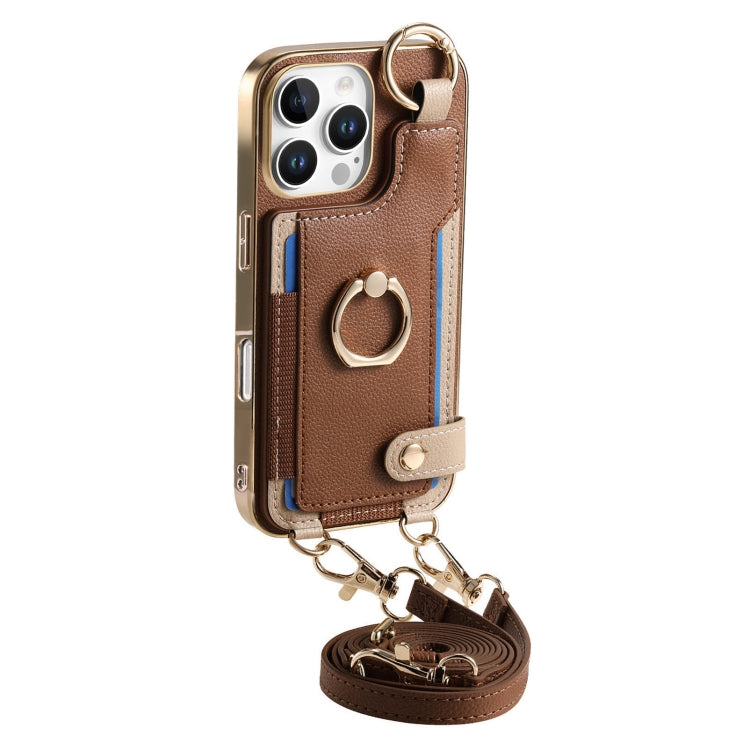 For iPhone 16 Pro Fashion Ring Card Bag Phone Case with Hang Loop(Brown) by buy2fix