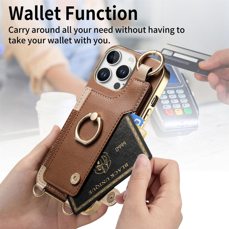For iPhone 16 Pro Fashion Ring Card Bag Phone Case with Hang Loop(Brown) by buy2fix