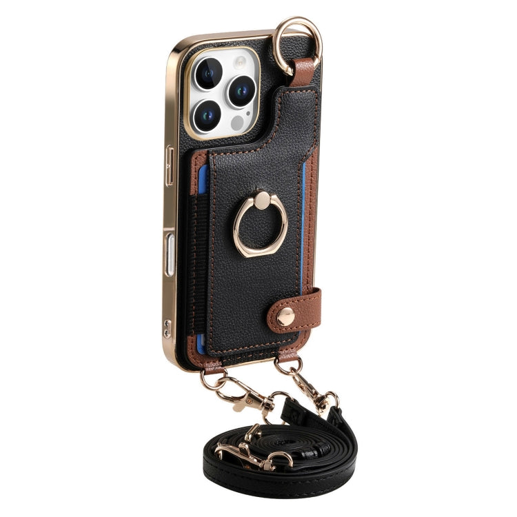 For iPhone 16 Pro Fashion Ring Card Bag Phone Case with Hang Loop(Black) by buy2fix