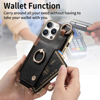 For iPhone 16 Pro Fashion Ring Card Bag Phone Case with Hang Loop(Black) by buy2fix
