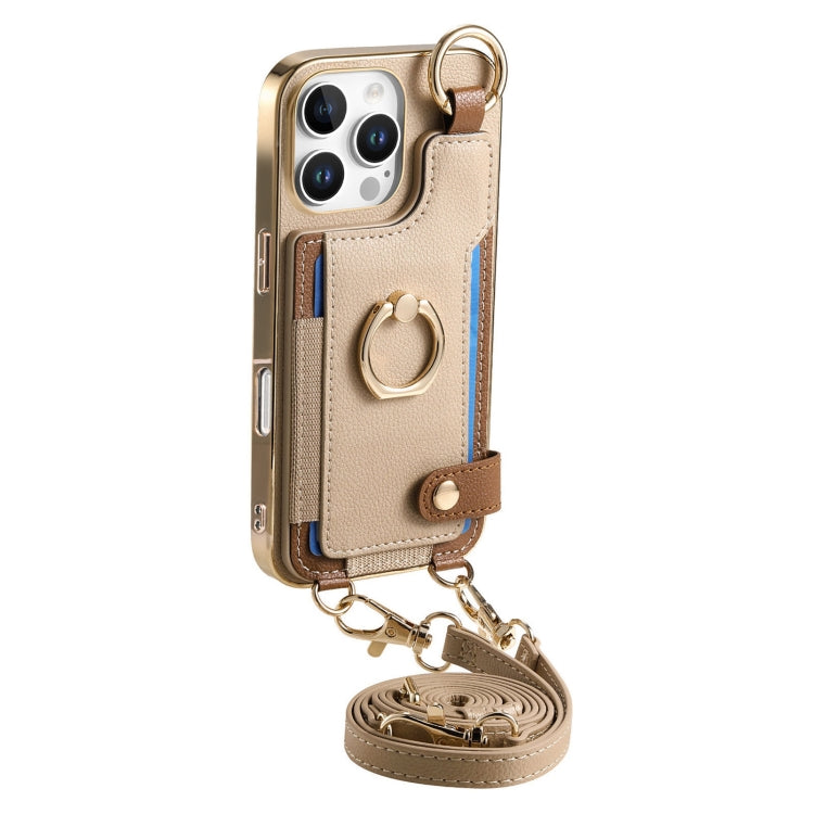 For iPhone 16 Pro Fashion Ring Card Bag Phone Case with Hang Loop(Khaki) by buy2fix