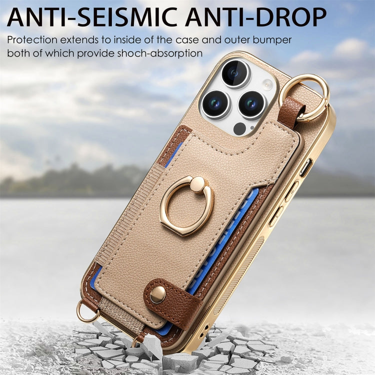 For iPhone 16 Pro Fashion Ring Card Bag Phone Case with Hang Loop(Khaki) by buy2fix