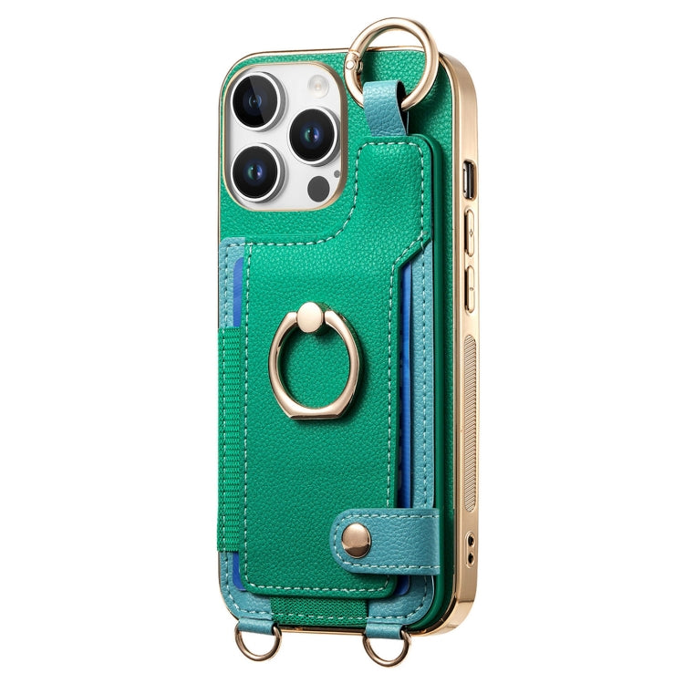 For iPhone 16 Pro Fashion Ring Card Bag Phone Case with Hang Loop(Green) by buy2fix
