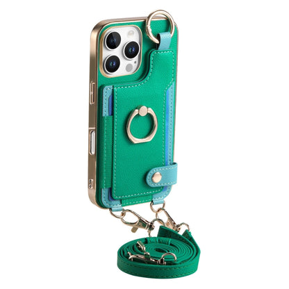 For iPhone 16 Pro Fashion Ring Card Bag Phone Case with Hang Loop(Green) by buy2fix