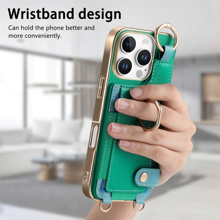 For iPhone 16 Pro Fashion Ring Card Bag Phone Case with Hang Loop(Green) by buy2fix
