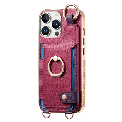 For iPhone 16 Pro Fashion Ring Card Bag Phone Case with Hang Loop(Purple) by buy2fix