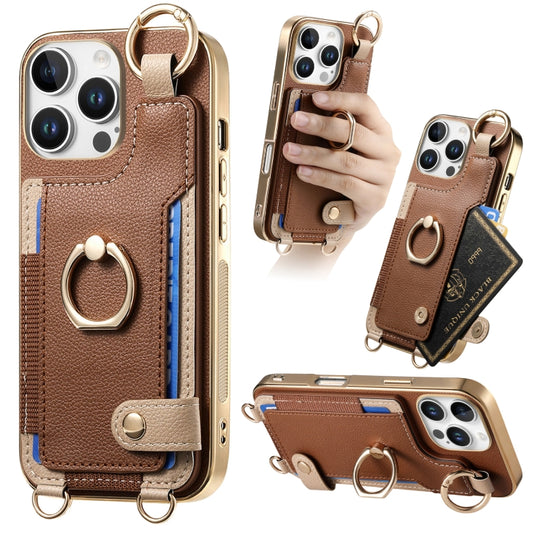 For iPhone 16 Pro Max Fashion Ring Card Bag Phone Case with Hang Loop(Brown) by buy2fix