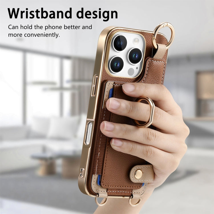 For iPhone 16 Pro Max Fashion Ring Card Bag Phone Case with Hang Loop(Brown) by buy2fix