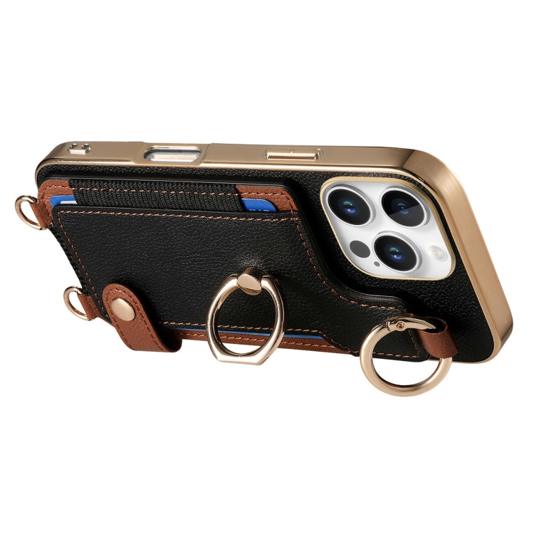 For iPhone 16 Pro Max Fashion Ring Card Bag Phone Case with Hang Loop(Black) by buy2fix