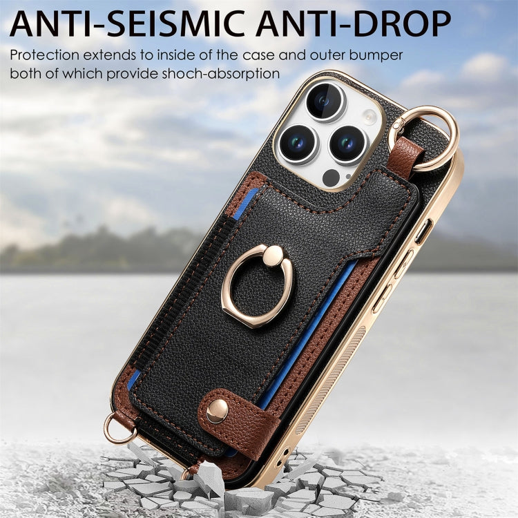 For iPhone 16 Pro Max Fashion Ring Card Bag Phone Case with Hang Loop(Black) by buy2fix