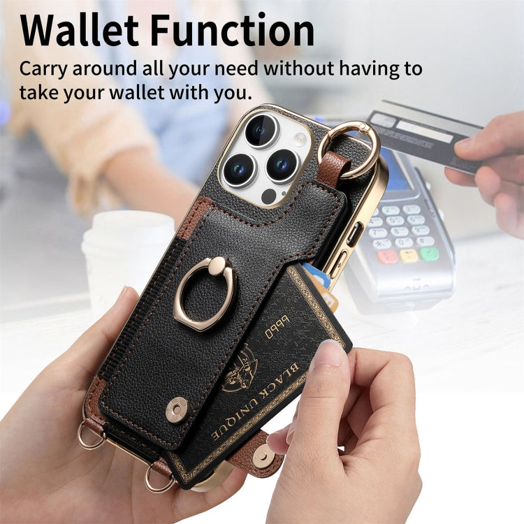For iPhone 16 Pro Max Fashion Ring Card Bag Phone Case with Hang Loop(Black) by buy2fix