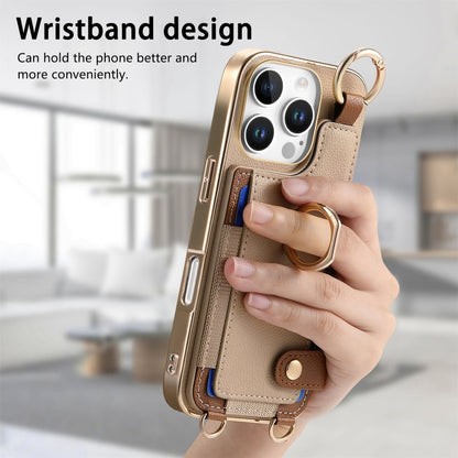 For iPhone 16 Pro Max Fashion Ring Card Bag Phone Case with Hang Loop(Khaki) by buy2fix