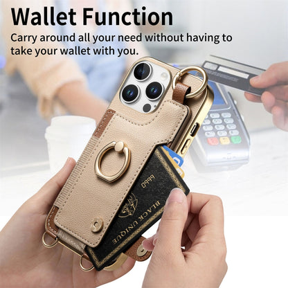 For iPhone 16 Pro Max Fashion Ring Card Bag Phone Case with Hang Loop(Khaki) by buy2fix