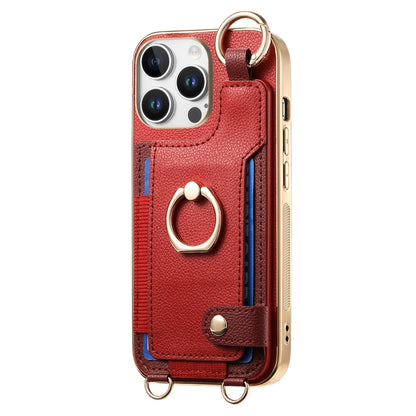 For iPhone 16 Pro Max Fashion Ring Card Bag Phone Case with Hang Loop(Red) by buy2fix