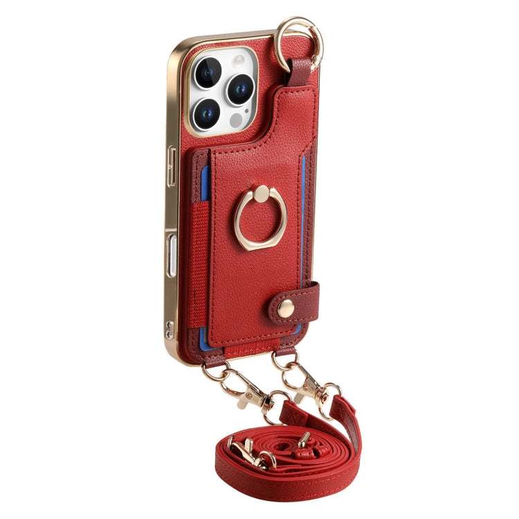 For iPhone 16 Pro Max Fashion Ring Card Bag Phone Case with Hang Loop(Red) by buy2fix