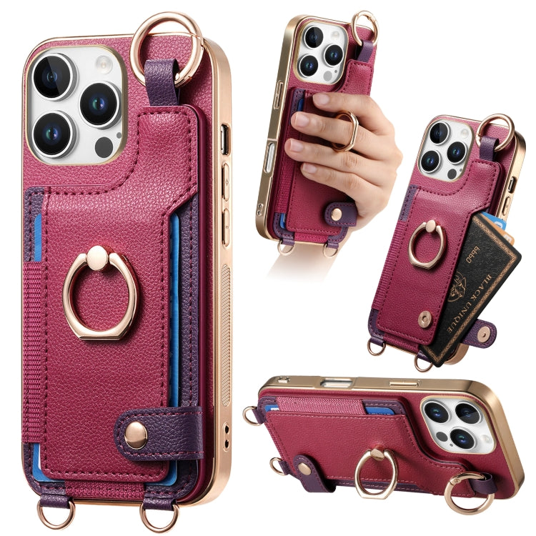 For iPhone 16 Pro Max Fashion Ring Card Bag Phone Case with Hang Loop(Purple) by buy2fix