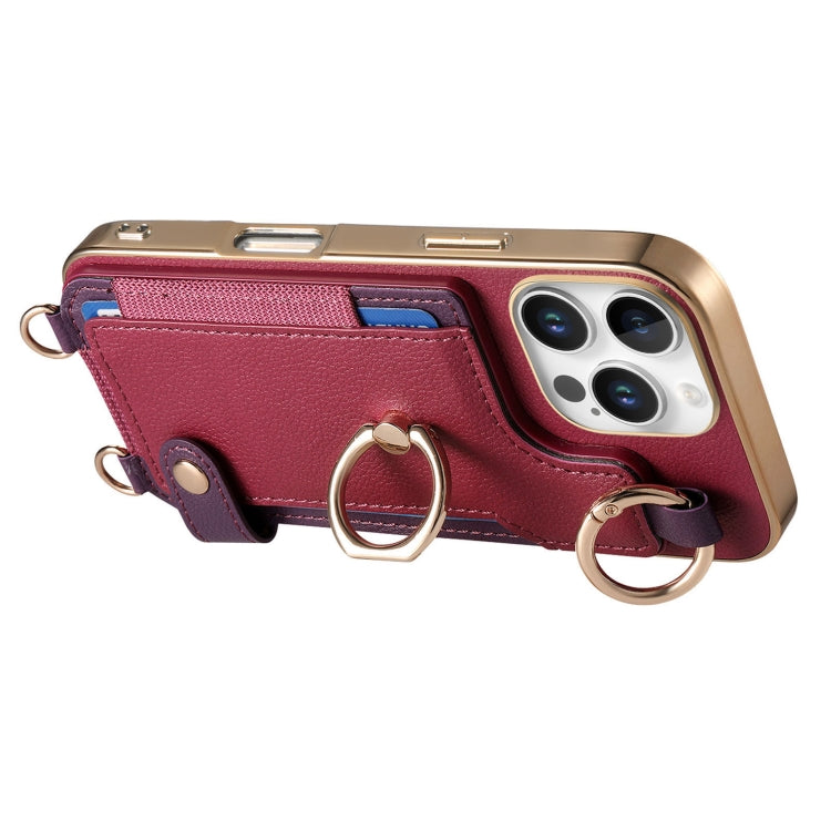 For iPhone 16 Pro Max Fashion Ring Card Bag Phone Case with Hang Loop(Purple) by buy2fix