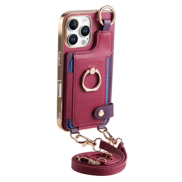 For iPhone 16 Pro Max Fashion Ring Card Bag Phone Case with Hang Loop(Purple) by buy2fix