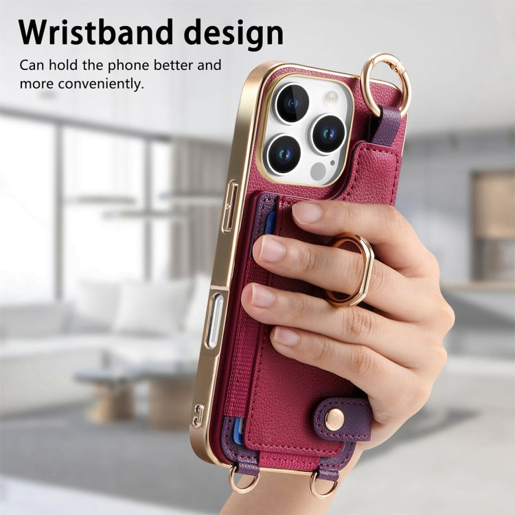 For iPhone 16 Pro Max Fashion Ring Card Bag Phone Case with Hang Loop(Purple) by buy2fix