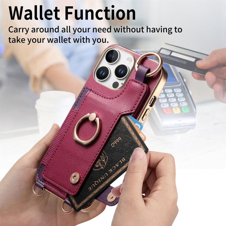 For iPhone 16 Pro Max Fashion Ring Card Bag Phone Case with Hang Loop(Purple) by buy2fix