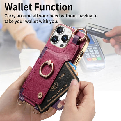 For iPhone 16 Pro Max Fashion Ring Card Bag Phone Case with Hang Loop(Purple) by buy2fix