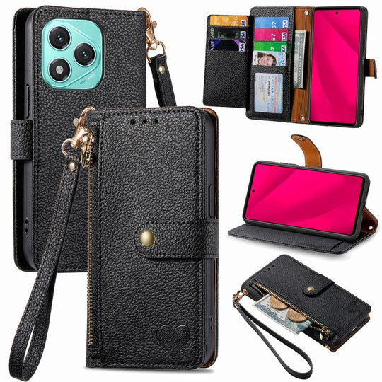 For Honor 400 Lite Global Love Zipper Lanyard Leather Phone Case(Black)